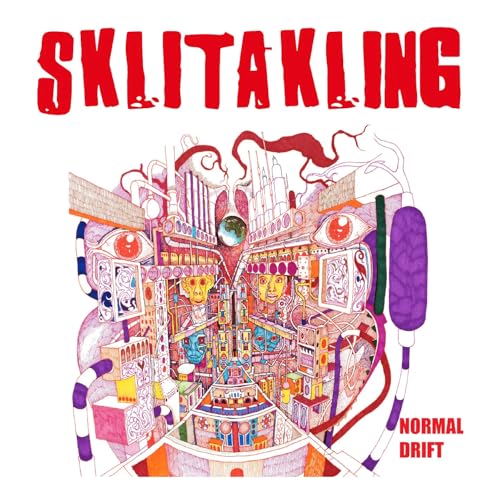 Album cover for “Normal Drift” featuring surreal, colorful illustrated cityscape.