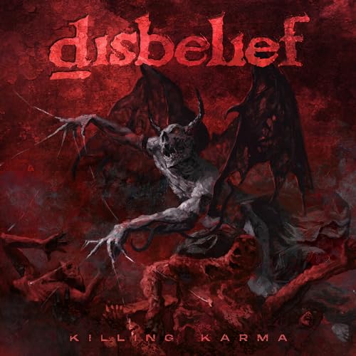 Dark fantasy album cover for Disbeliefās āKilling Karmaā featuring a demon.