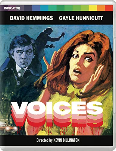 Blu-ray cover for "Voices" featuring a frightened woman and shadowy figure.