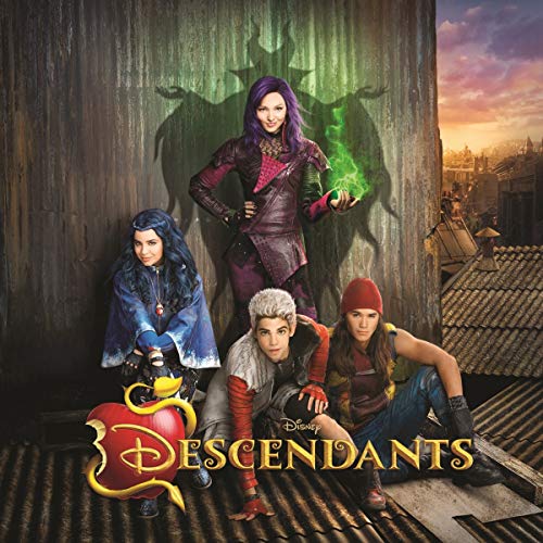 Four characters from the Disney movie Descendants stand on a rooftop with a logo.