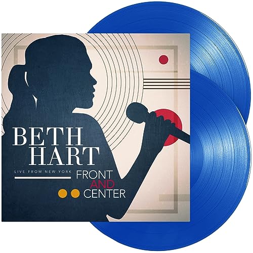 Beth Hart album cover art with two blue vinyl records behind it.