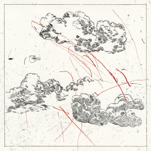 Black and white sketch of clouds with red lines, vinyl record cover.