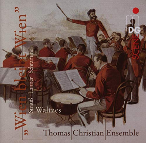 CD cover depicting a 19th-century orchestra in red uniforms rehearsing.
