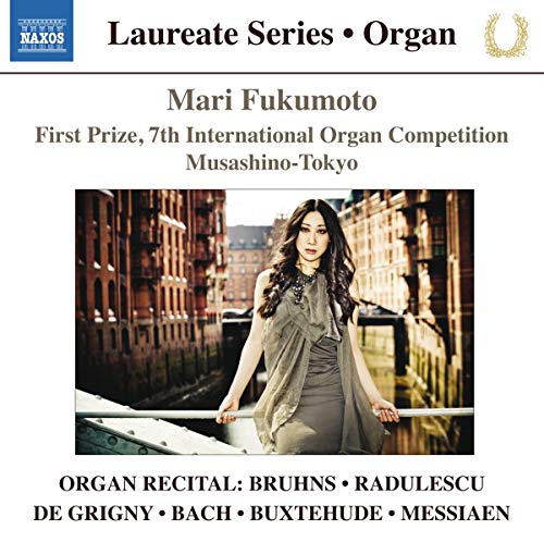 CD cover featuring organist Mari Fukumoto in front of a brick building.