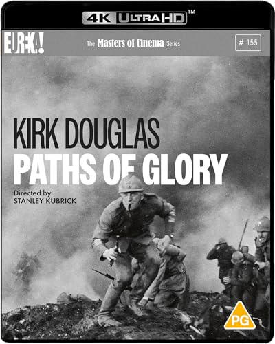 Black and white Paths of Glory 4K Ultra HD Blu-ray cover featuring soldiers in battle.