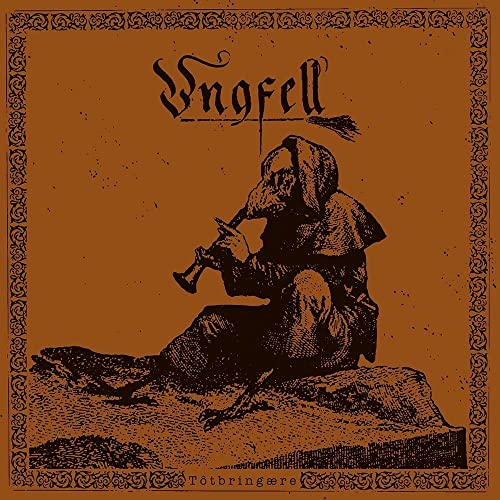Brown album cover with black illustration of hooded figure playing a horn.