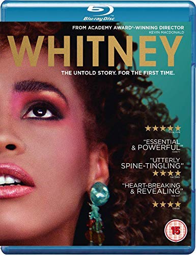 Blu-ray cover featuring a close-up portrait of Whitney Houston with text and reviews.
