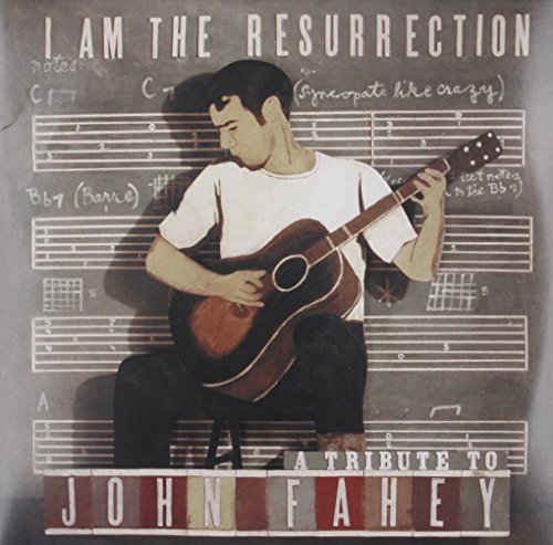Album cover: painted portrait of a guitarist with sheet music, tribute to John Fahey.