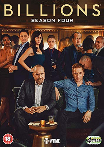 Billions" Season 4 DVD cover with cast portrait and drinks in foreground.
