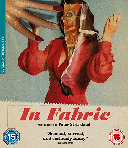 DVD cover for "In Fabric" featuring a woman with torn paper face.