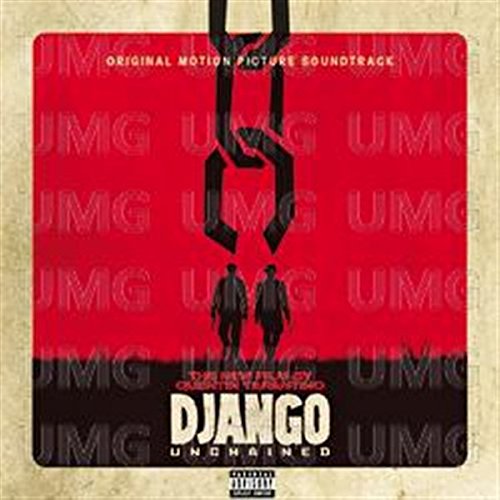 Django Unchained soundtrack cover with red background, black chain, and two silhouettes.