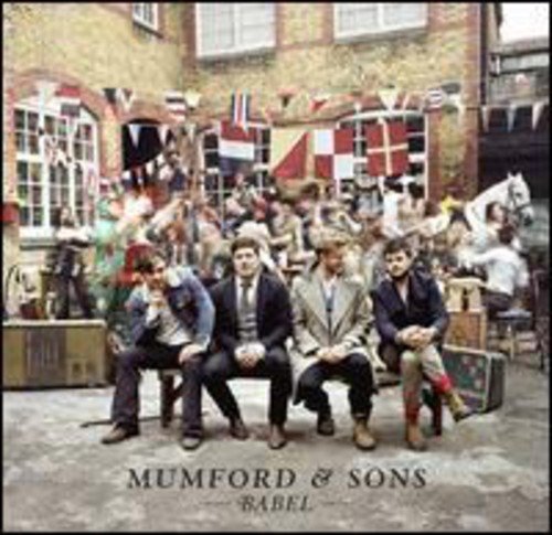 Mumford & Sons “Babel” vinyl album cover with band and flags.