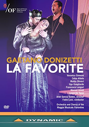 DVD cover for Donizetti’s “La Favorite” opera, featuring two singers in costume.