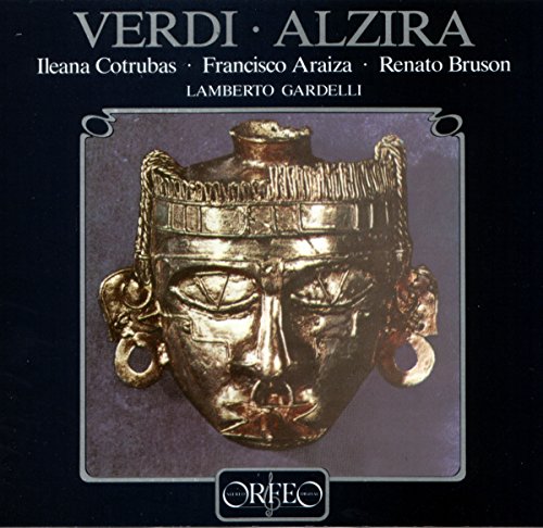 CD cover for Verdi’s Alzira, featuring a golden pre-Columbian mask.