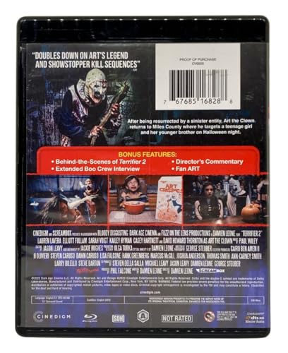 Blu-ray case back cover for horror film “Terrifier 2” featuring Art the Clown.