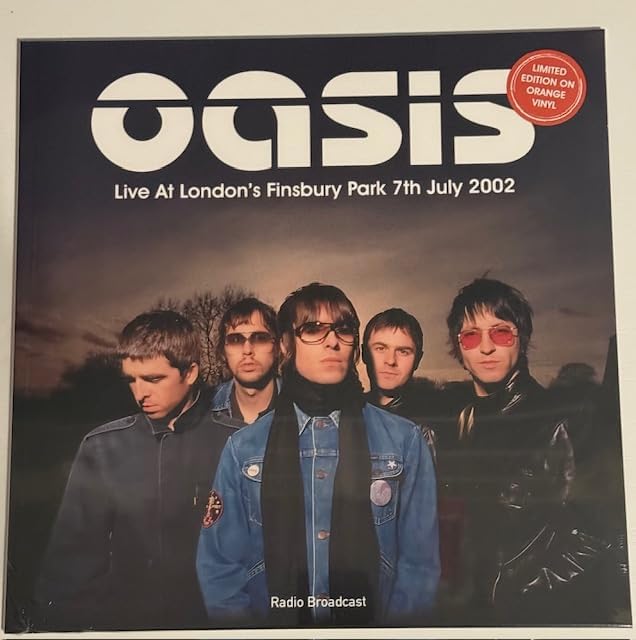 Oasis “Live at Finsbury Park” vinyl record cover with band photo.