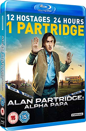 Blu-ray cover for “Alan Partridge: Alpha Papa” featuring Steve Coogan with hands raised.