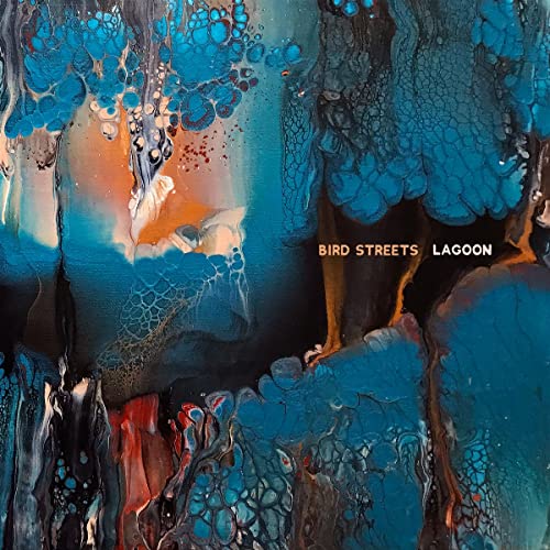 Abstract fluid art in blues, oranges, and blacks with album title.