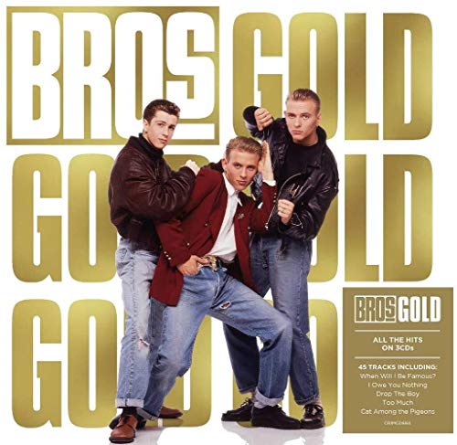 CD cover for Bros’ “Gold” featuring three young men in 90s fashion.