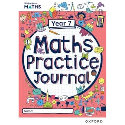 White Rose Maths Year 7 practice journal workbook with colorful illustrated doodles on pink.