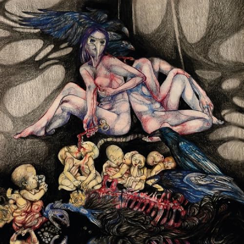 Surreal colored pencil drawing of masked figures, ravens, and small creatures in dark surroundings.
