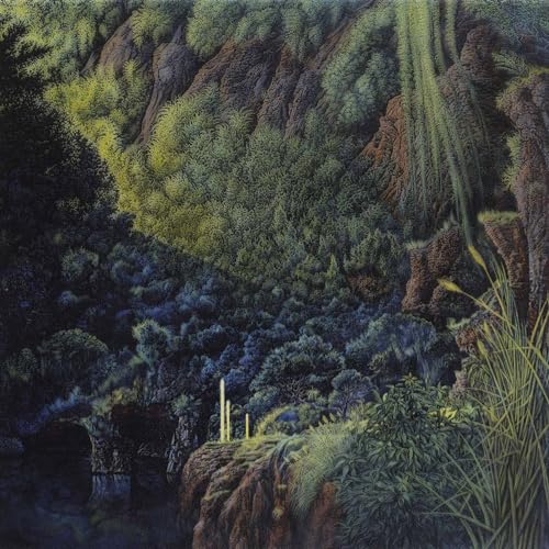 Painted landscape with dark greens, browns, and golden vertical elements.