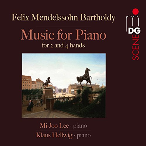 CD cover for Mendelssohn piano music featuring a statue and cityscape.