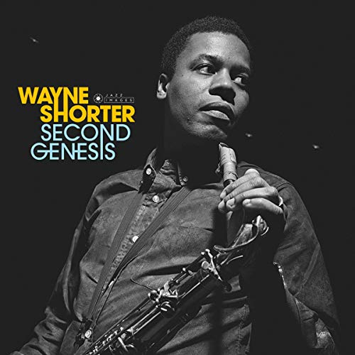 Wayne Shorter portrait with saxophone, album cover for “Second Genesis” vinyl.