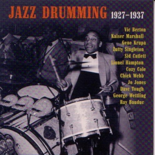 CD cover: jazz drummer playing, list of names, vintage aesthetic.