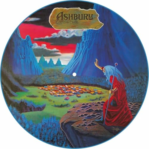 A wizard in red robes overlooks a village from a cliff on this vinyl disc.