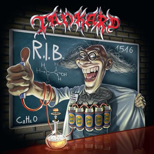 Album cover for Tankard’s “R.I.B.” featuring a mad scientist and beer.