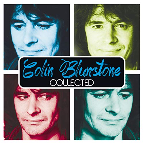 Four tinted portraits of Colin Blunstone arranged in a grid with central text overlay.