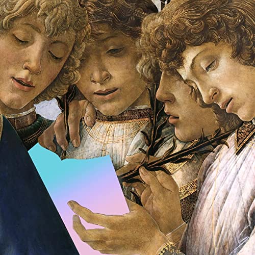 Renaissance-style painting of three figures with flowing hair, holding foliage.