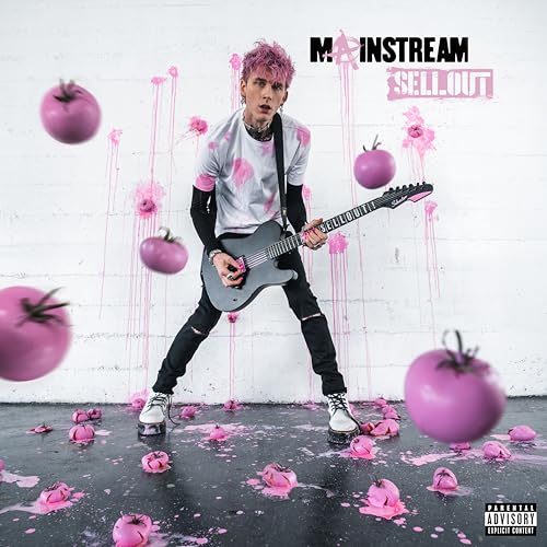 Machine Gun Kelly with guitar, pink splashes, and floating tomatoes.