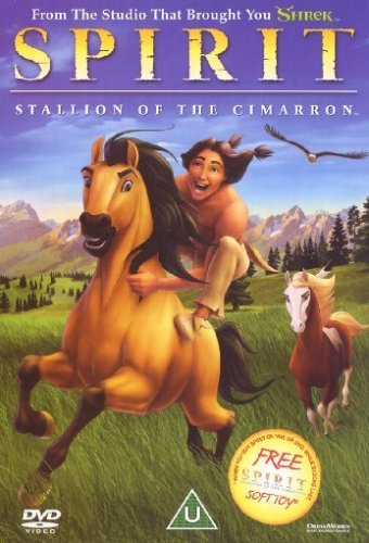 “Spirit” DVD cover featuring a golden horse and a Native American rider.