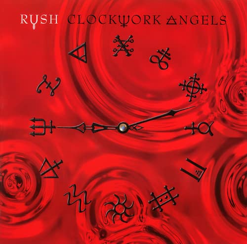 Rush “Clockwork Angels” vinyl album cover, red swirls and clock imagery.