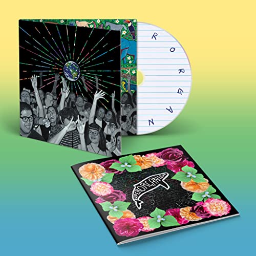CD case and insert for Superorganism’s “World Wide Pop,” with floral and crowd imagery.