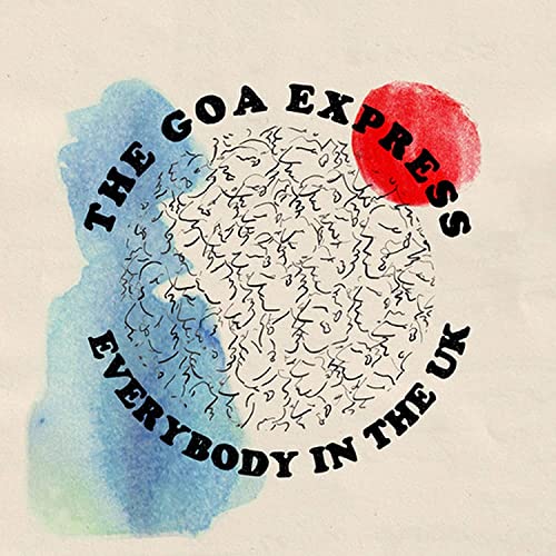 Vinyl record cover with abstract blue, red, and white watercolor design.