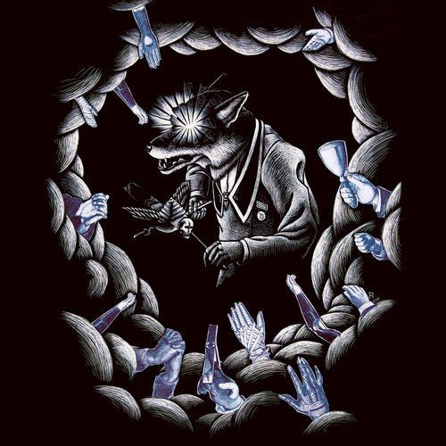 Black and white illustration of a wolf-headed figure in a suit.
