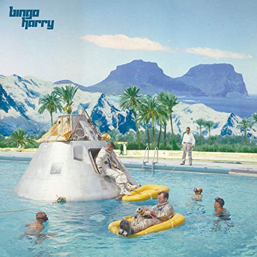 Album cover: astronauts and people relaxing by a pool with mountains.