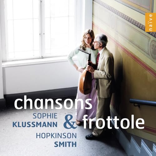 Two musicians with a lute-like instrument, album cover for "Chansons E Frottole".