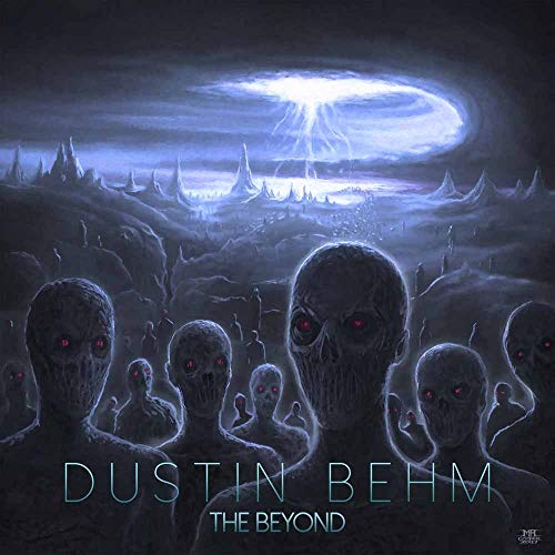 Dark fantasy album cover with glowing eyes and a stormy landscape.