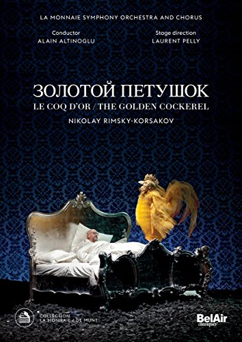 DVD cover for Rimsky-Korsakov’s “The Golden Cockerel” opera, featuring a golden rooster.