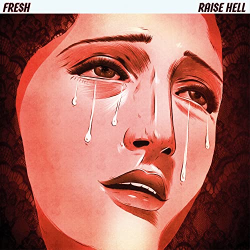 Red-toned portrait of a woman with tears streaming down her face.