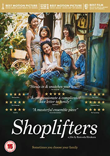 DVD cover for “Shoplifters,” showing a family group portrait.