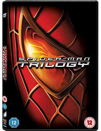 DVD cover for Spider-Man Trilogy with red and black web design.