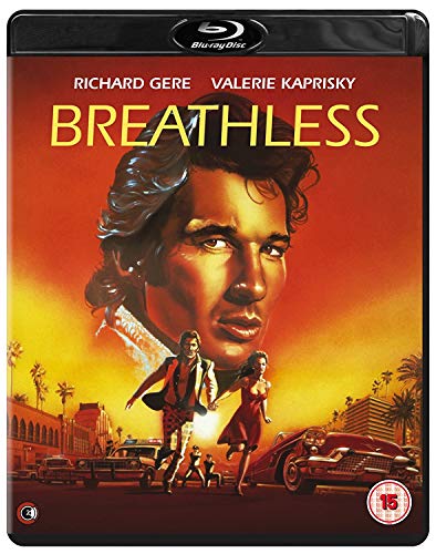 Breathless" Blu-ray cover featuring Richard Gere and Valerie Kaprisky, running.
