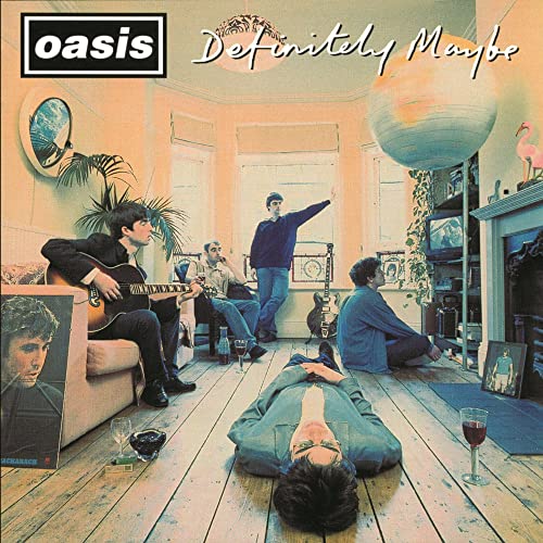 Oasis’ “Definitely Maybe” album cover: band in a cluttered room.