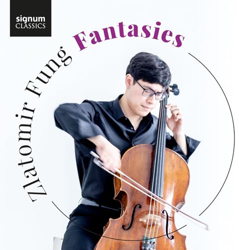 Cellist Zlatomir Fung in black shirt playing a brown cello, album cover.