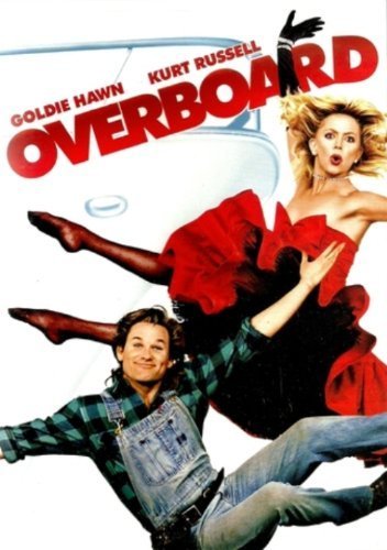 Goldie Hawn in a red dress and Kurt Russell in overalls falling together.